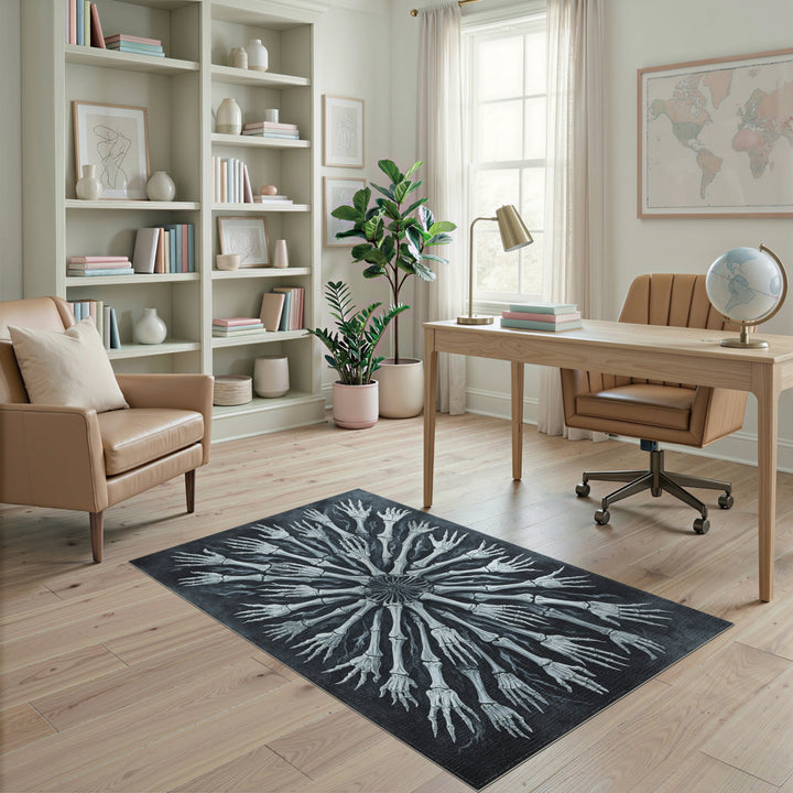 Black White Skeletal Hands Mandala Area Rug