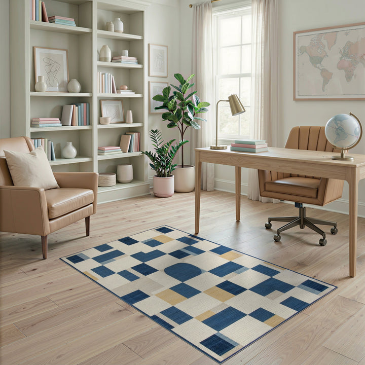 Blue Geometric Area Rug with Abstract Shapes