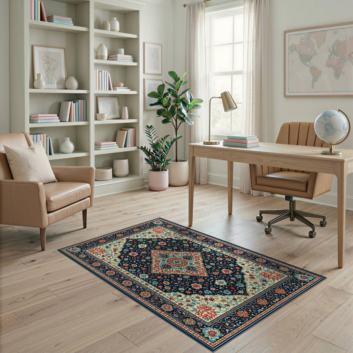 Navy Multi-color and Patterns Navy Persian Floral Medallion Area Rug