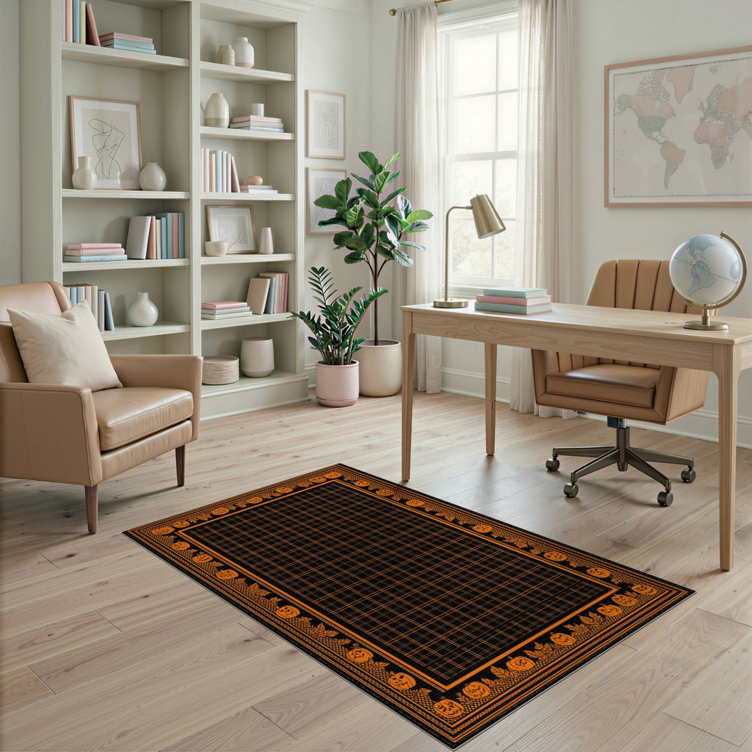 Orange Pumpkin Halloween Grid Area Rug