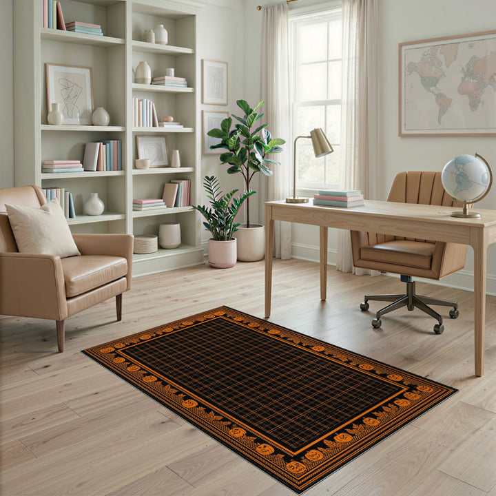 Orange Pumpkin Halloween Grid Area Rug