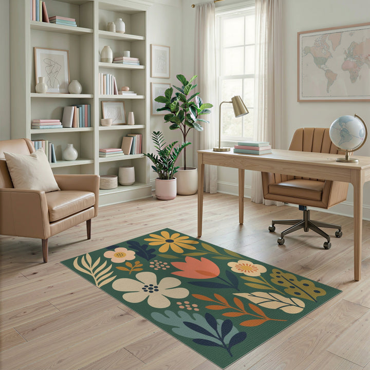 Green Floral Vintage Area Rug