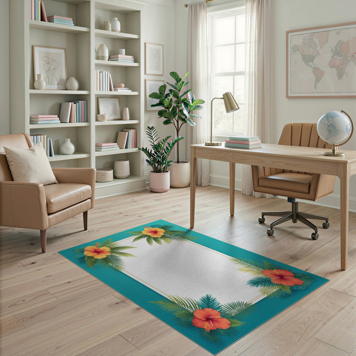 Hibiscus Palm Teal Border Area Rug