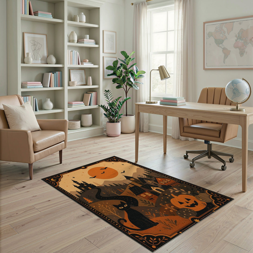 Multi-color and Patterns Black Cat Pumpkin Halloween Area Rug