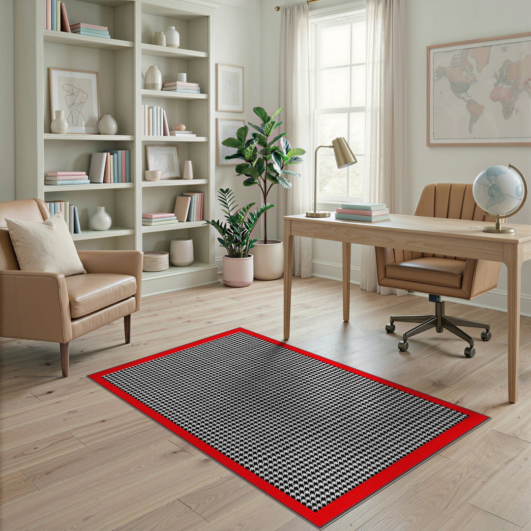 Black White Houndstooth Rug with Red Border