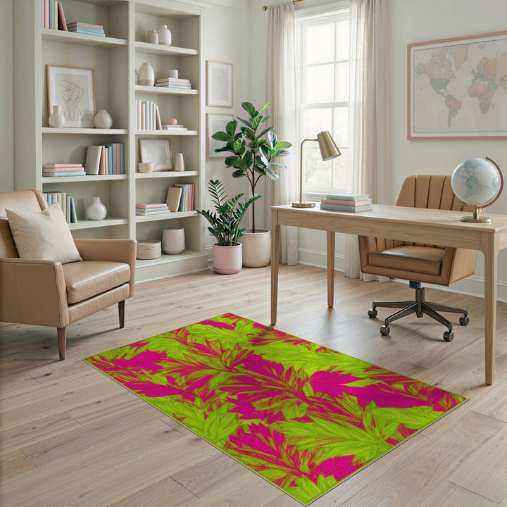 Bold Pink and Lime Leaf Area Rug