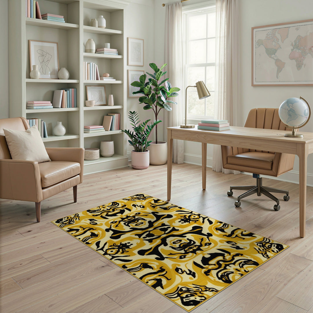 Yellow Black Geometric Abstract Area Rug