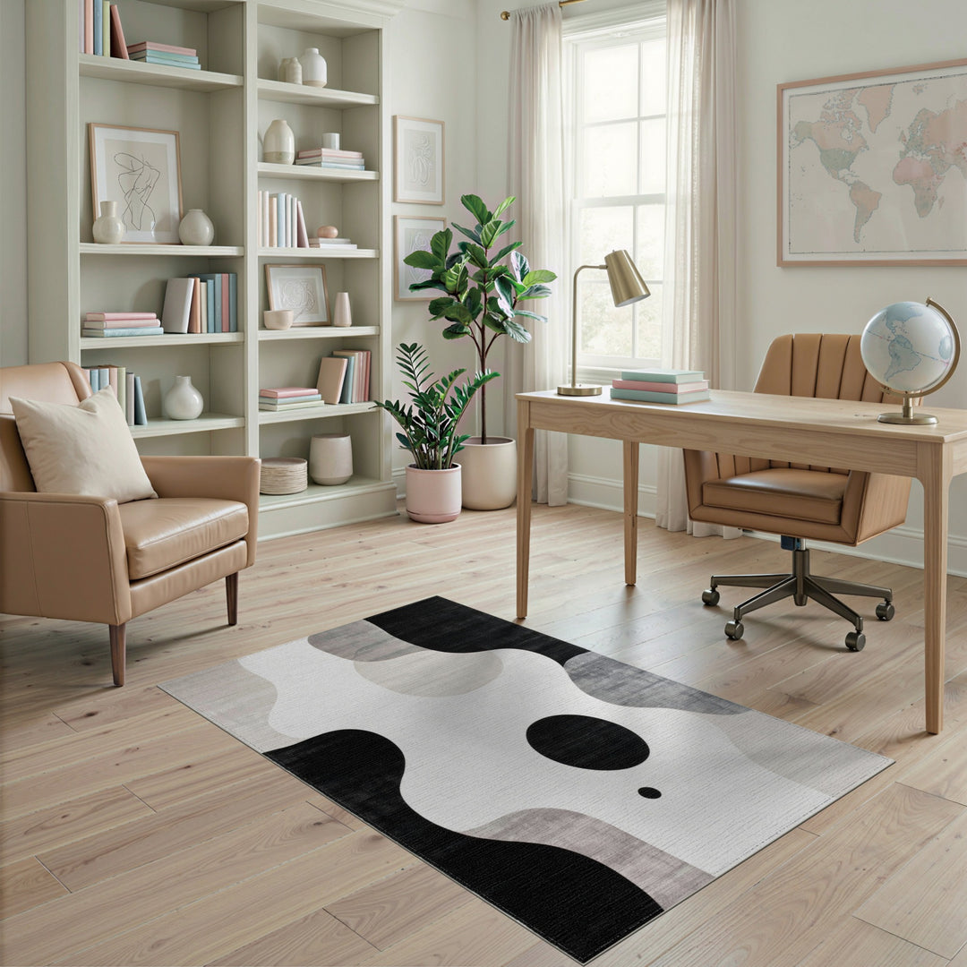 Black White Abstract Wave Area Rug