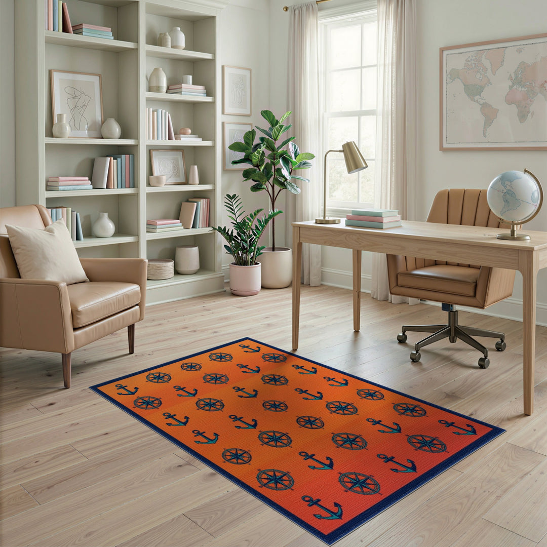 Orange Anchor Compass Coastal Area Rug