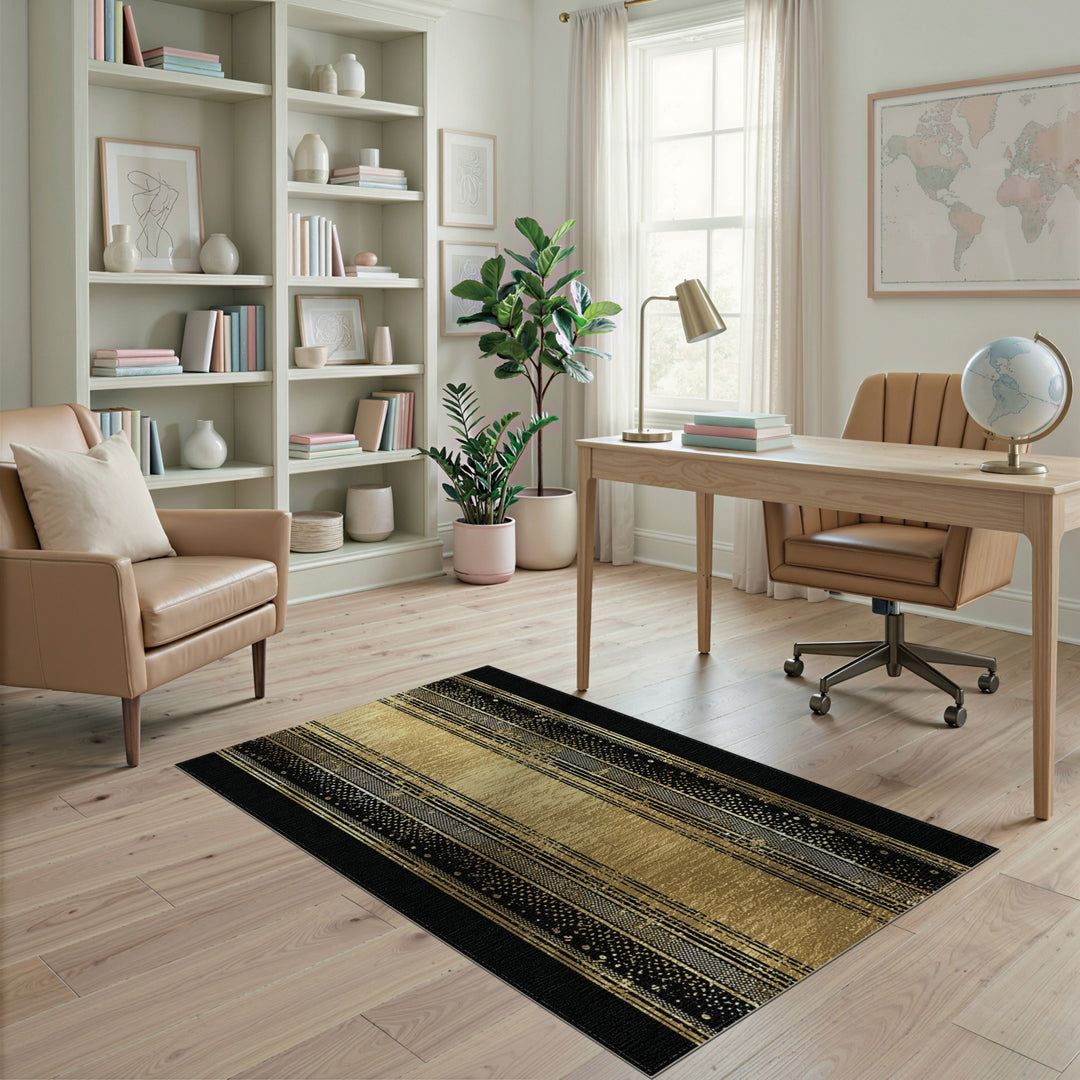 Gold and Silver Black Gold Geometric Striped Area Rug