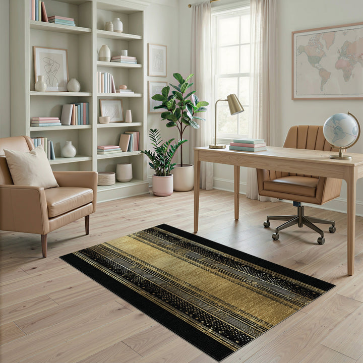 Gold and Silver Black Gold Geometric Striped Area Rug