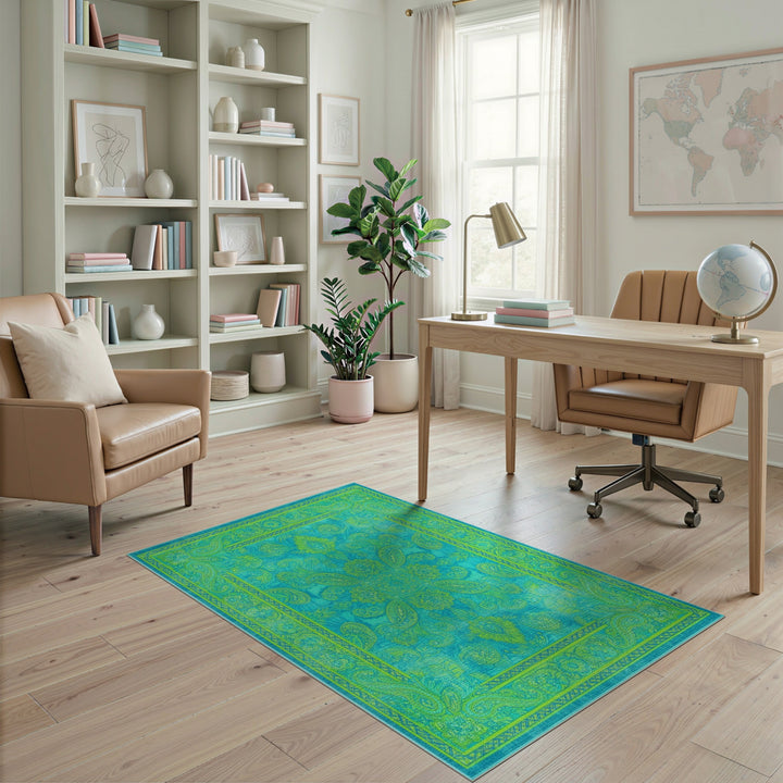 Vibrant Teal Paisley Medallion Area Rug