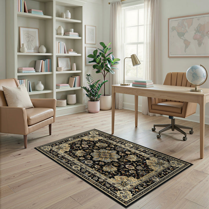 Black Gold Persian Floral Medallion Area Rug