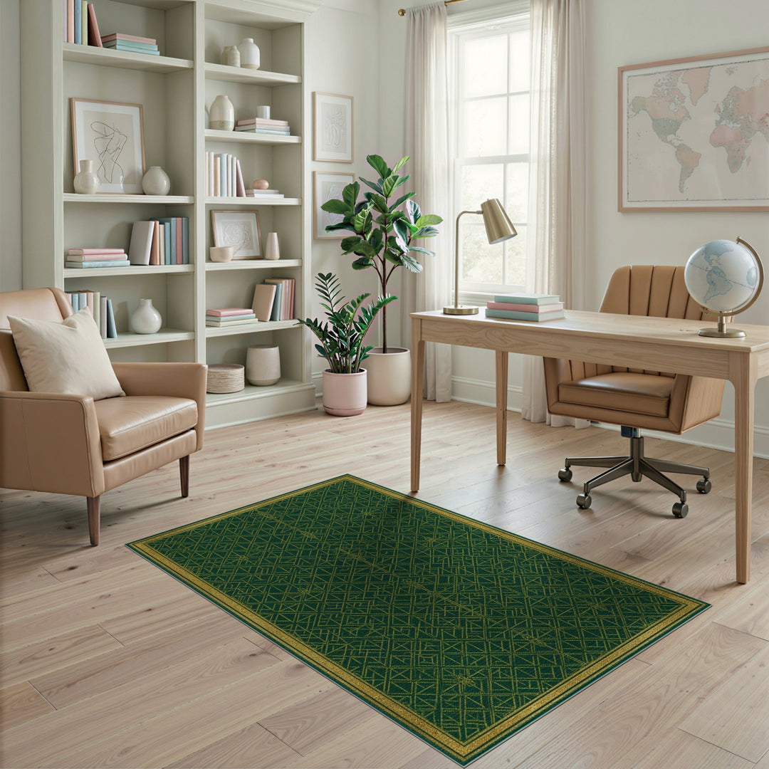 Green Gold Geometric Lattice Area Rug