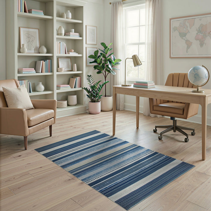 Blue and Teal Blue Striped Coastal Washable Area Rug