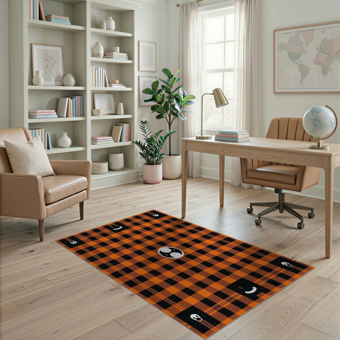 Orange Black Plaid Halloween Ghost Area Rug