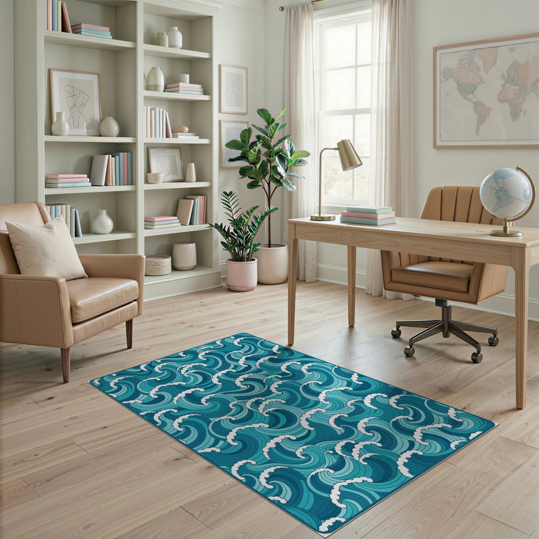 Blue and Teal Coastal Beach Blue Teal Ocean Wave Area Rug