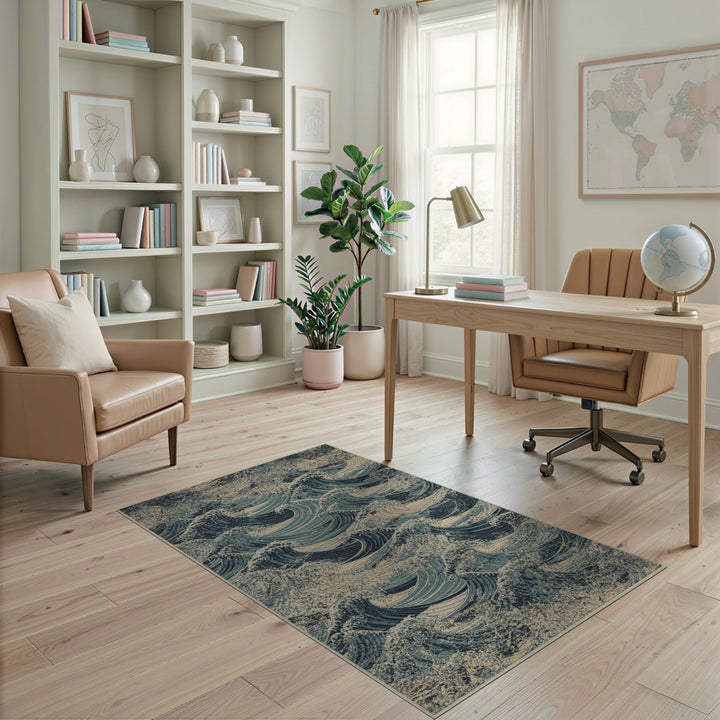 Blue Teal Wave Distressed Vintage Area Rug