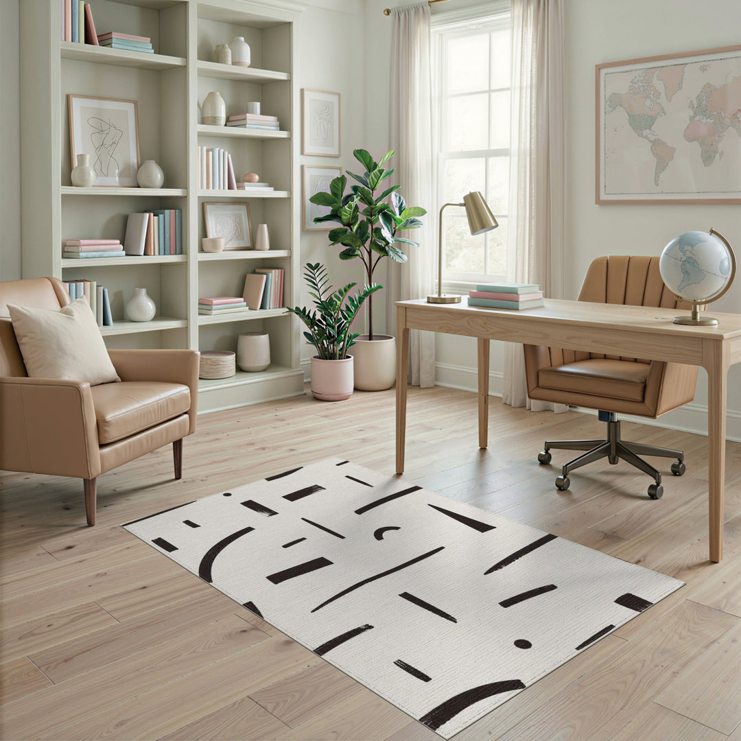 Abstract Black White Brushstroke Area Rug