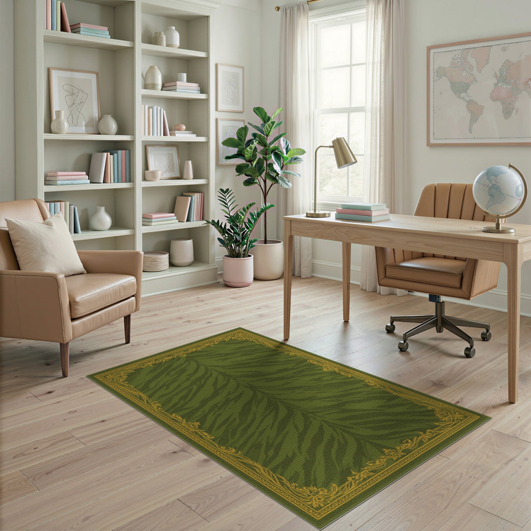 Green Tiger Stripe Area Rug with Gold Border