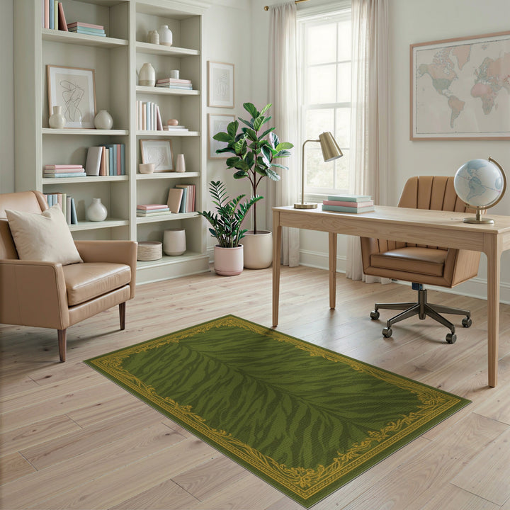 Green Tiger Stripe Area Rug with Gold Border