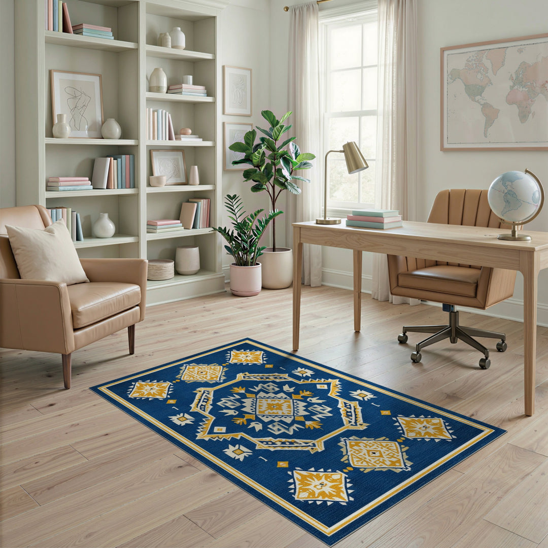 Blue Southwestern Area Rug with Yellow Accents