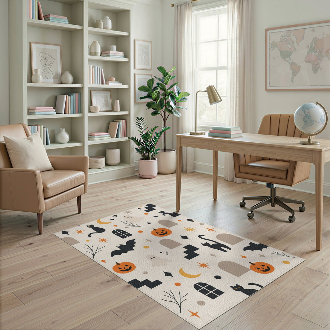 Spooky Halloween Cats Pumpkins Washable Area Rug