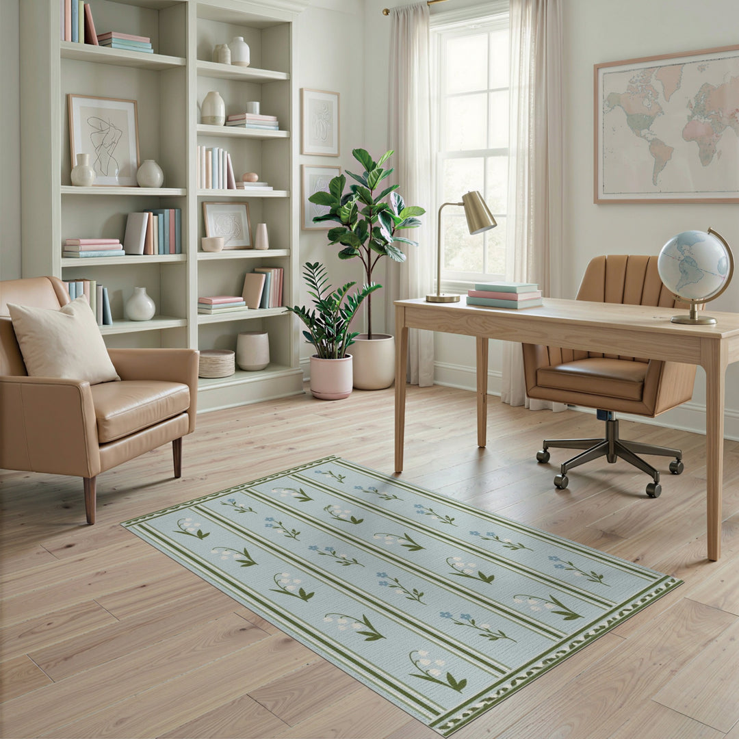 Blue Floral Stripe Lily Area Rug