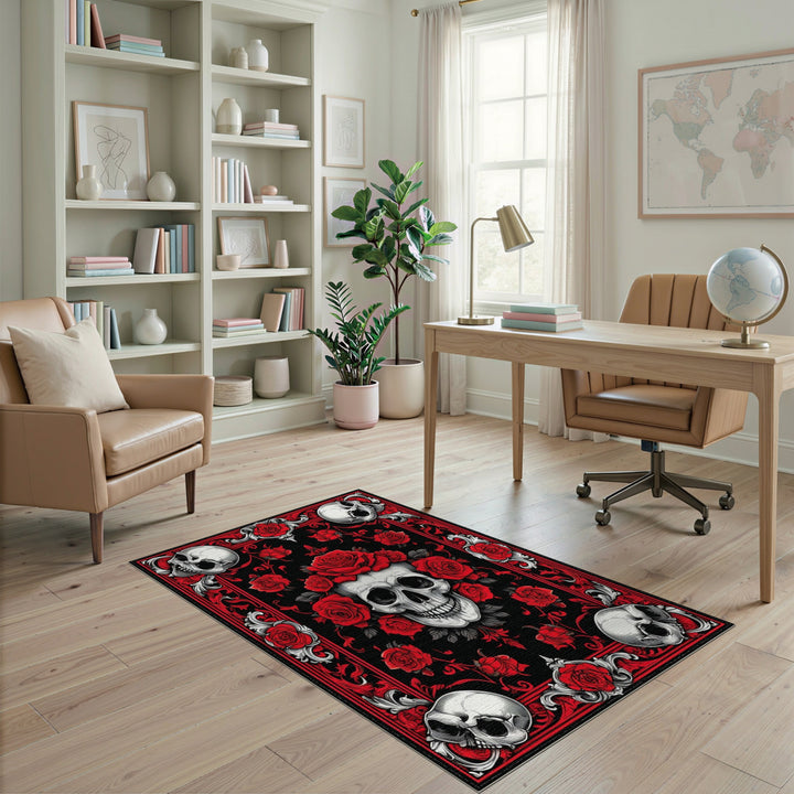 Red Rose Skull Floral Area Rug