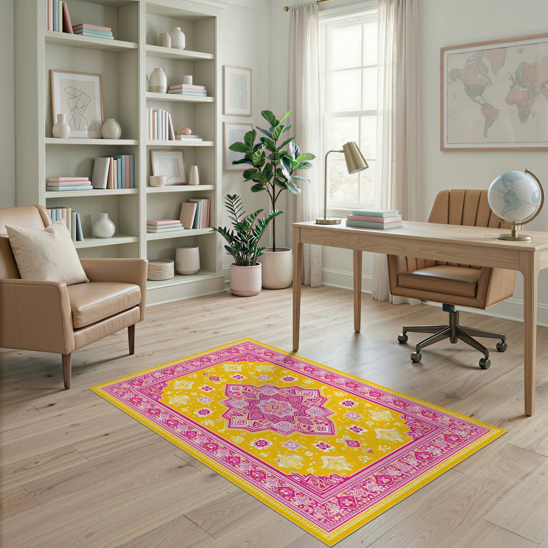 Yellow Pink Geometric Medallion Area Rug