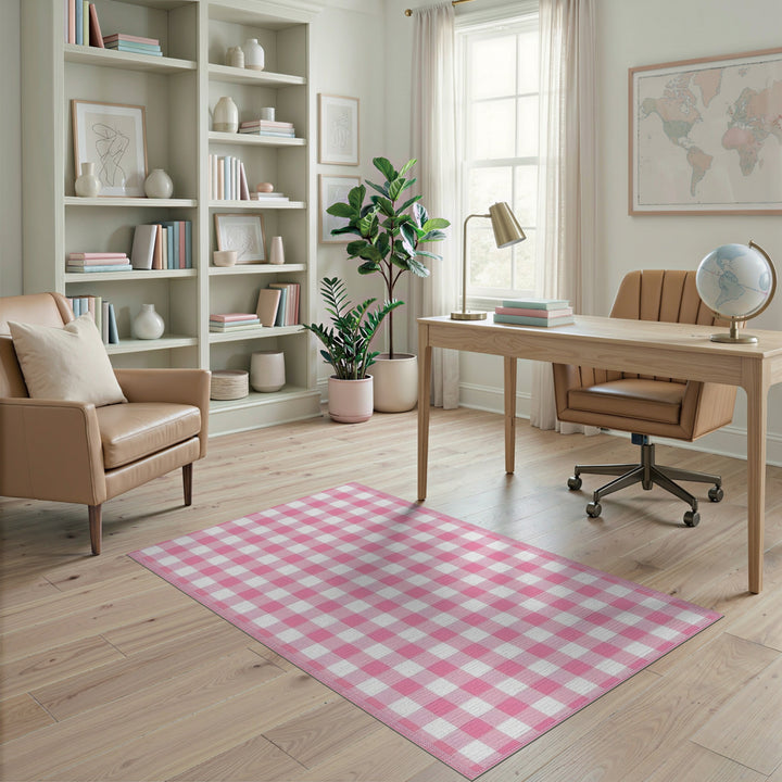 Rustic Farmhouse Pink Gingham Check Washable Area Rug