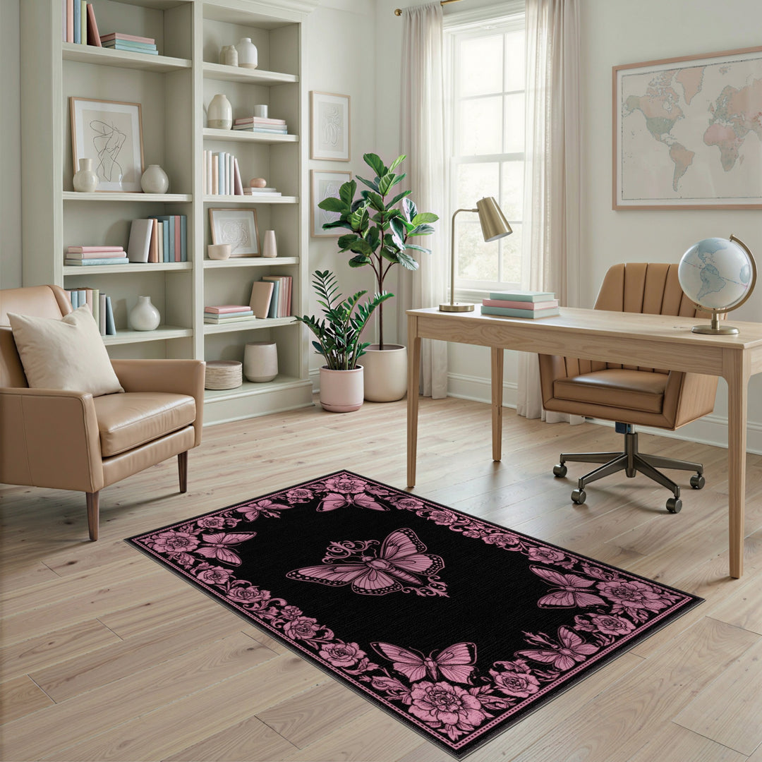Pink Butterfly Vintage Floral Area Rug