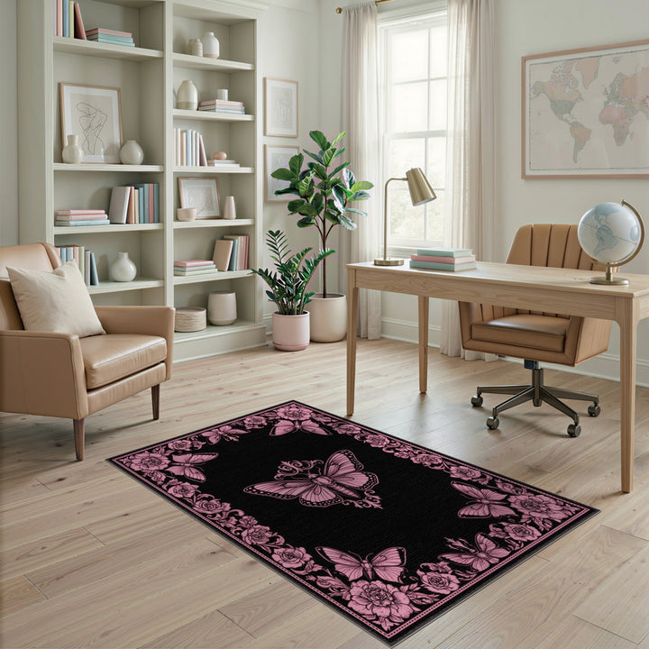 Pink Butterfly Vintage Floral Area Rug