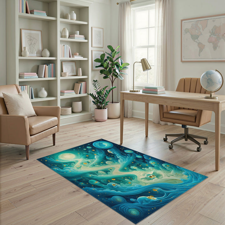 Mystic Skull Wave Blue Teal Area Rug
