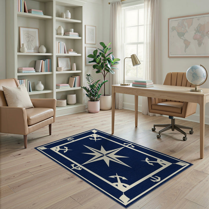 Navy Blue Nautical Compass Anchor Area Rug