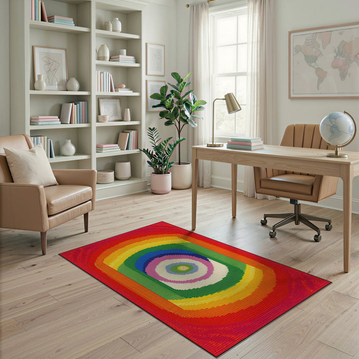 Vibrant Rainbow Concentric Square Area Rug