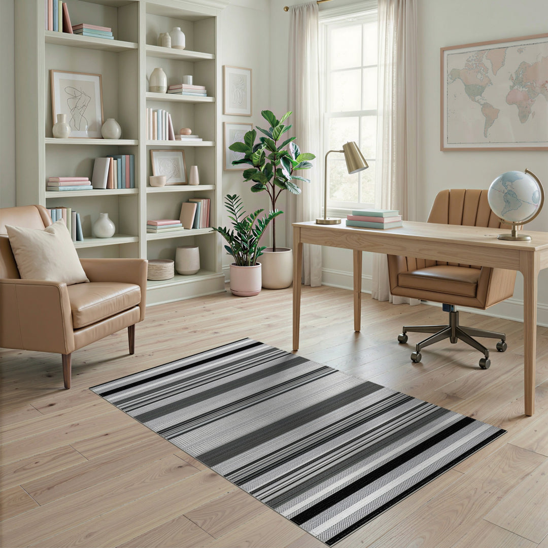 Black White Geometric Striped Area Rug