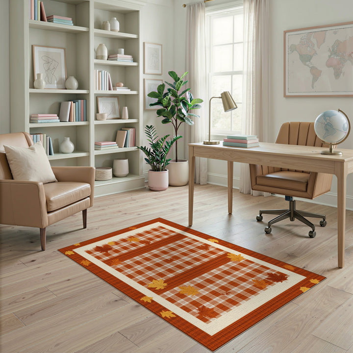 Orange Plaid Maple Leaf Area Rug