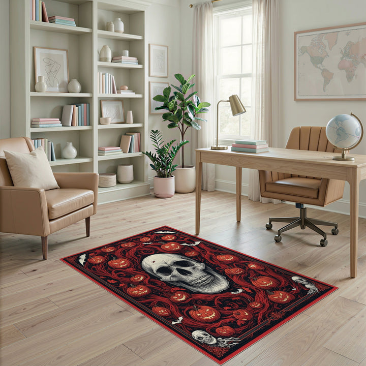 Gothic Skull and Pumpkin Red Area Rug