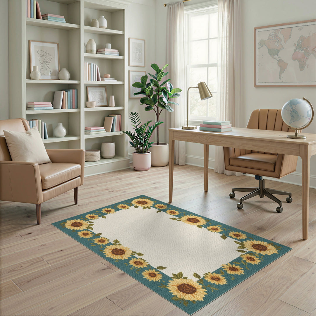 Sunflower Teal Border Area Rug