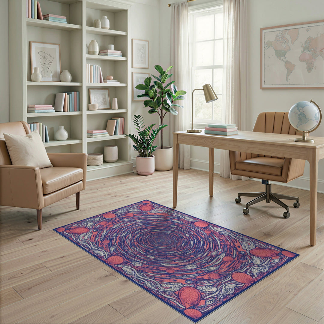 Red Swirling Fish Shells Washable Area Rug
