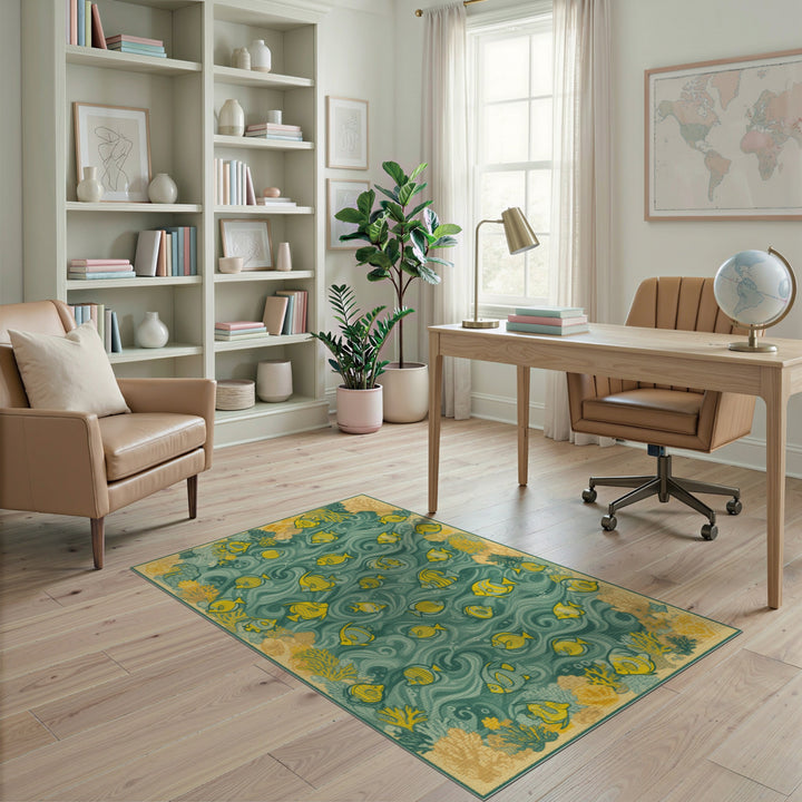 Yellow Fish Teal Wave Coastal Area Rug