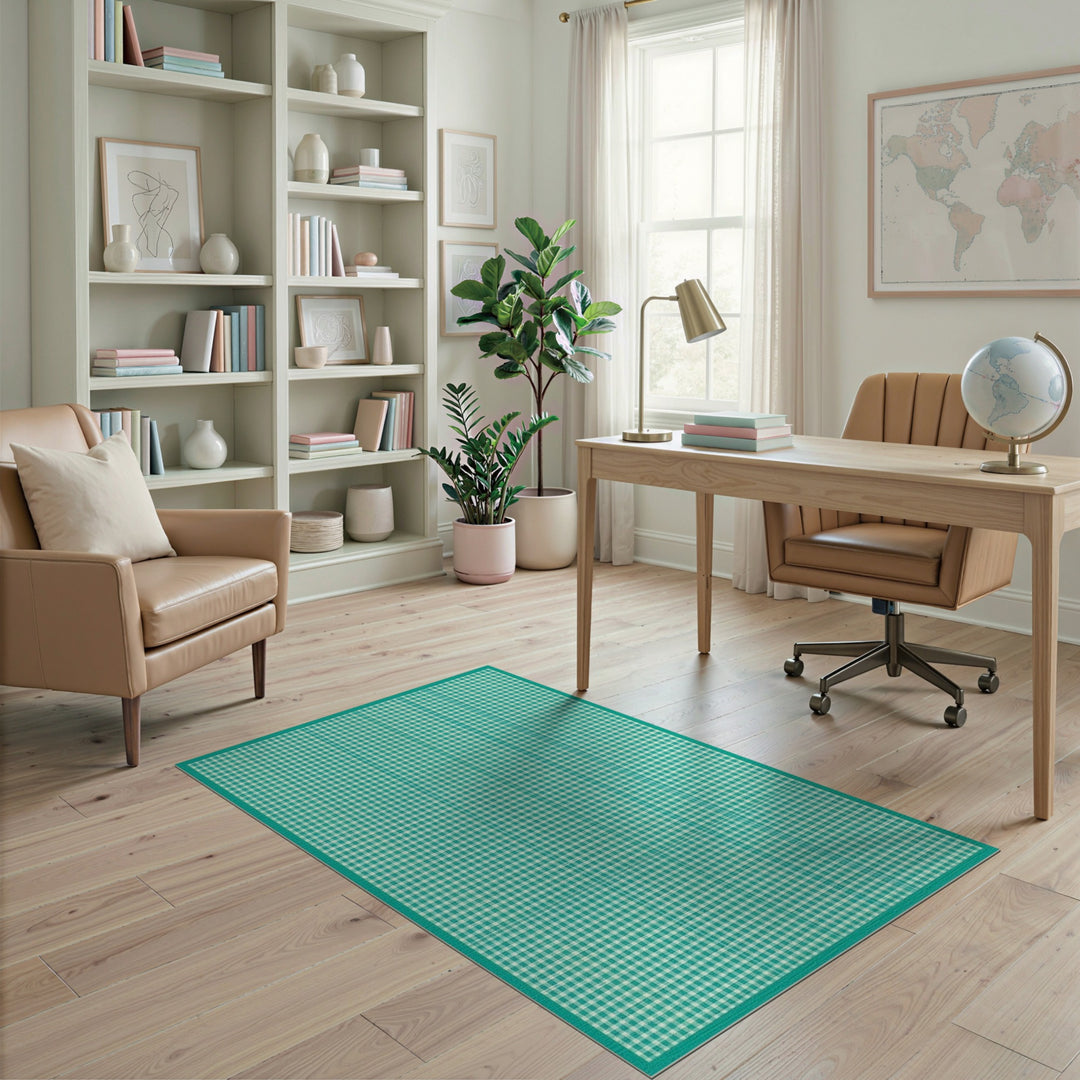 Teal Gingham Checkered Washable Area Rug