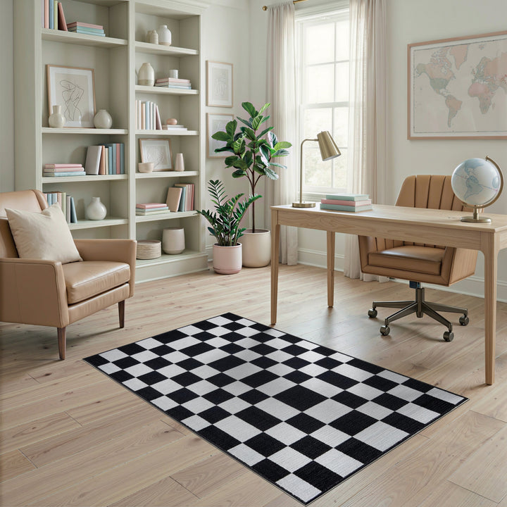 Black and White Black White Checkered Washable Area Rug