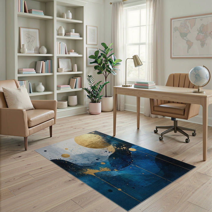 Blue and Teal Blue Gold Abstract Wave Area Rug