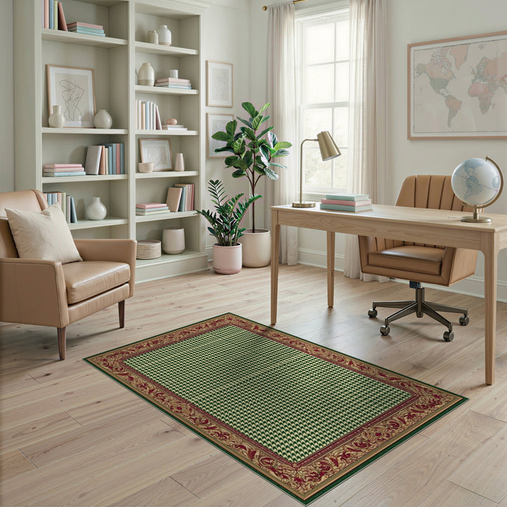 Green Houndstooth Area Rug with Ornate Border
