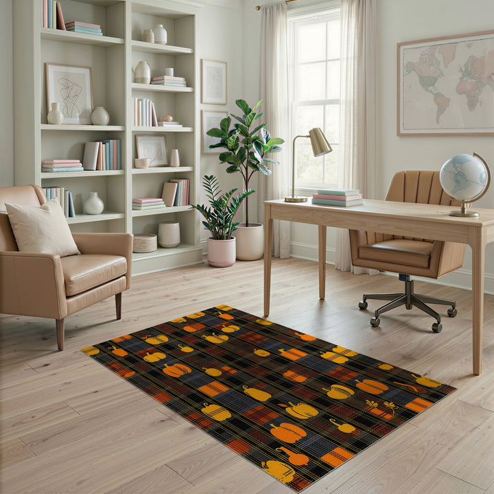 Orange Rustic Farmhouse Orange Pumpkin Plaid Washable Area Rug