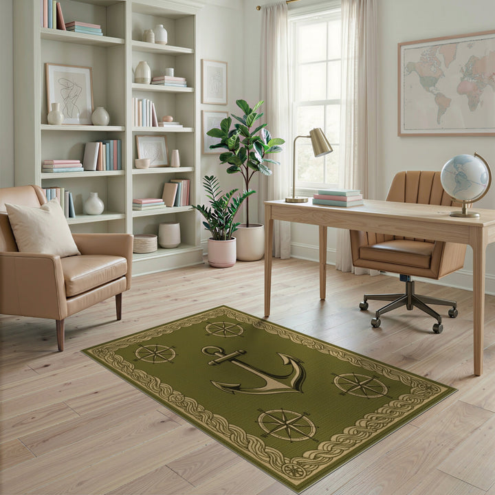 Green Nautical Anchor Area Rug