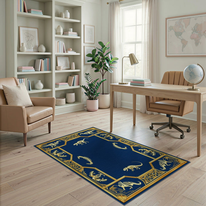 Dinosaur Skeleton Blue Gold Area Rug