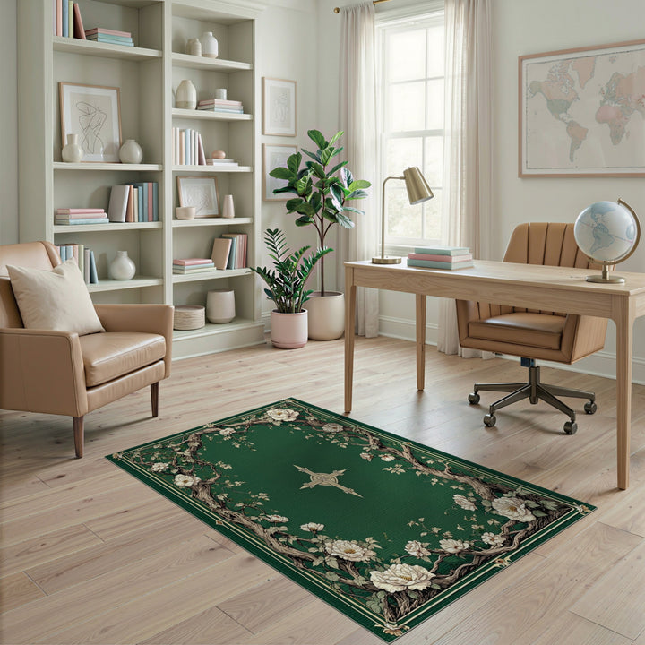 Green Floral Branch Vintage Area Rug
